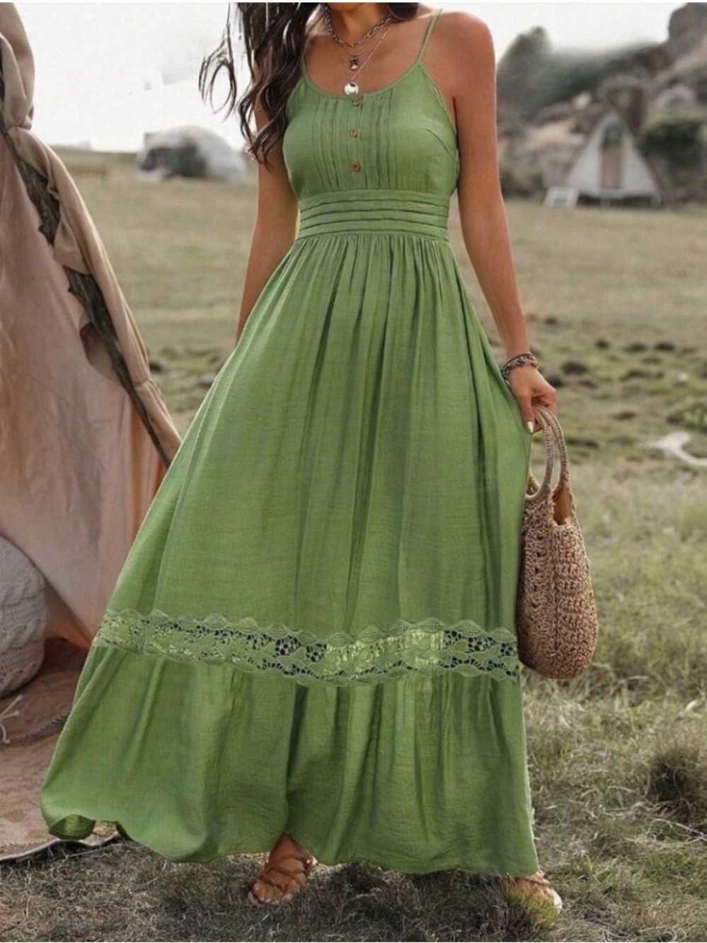 Boho Shirred Ruffle Lace Hem Maxi Dress Green